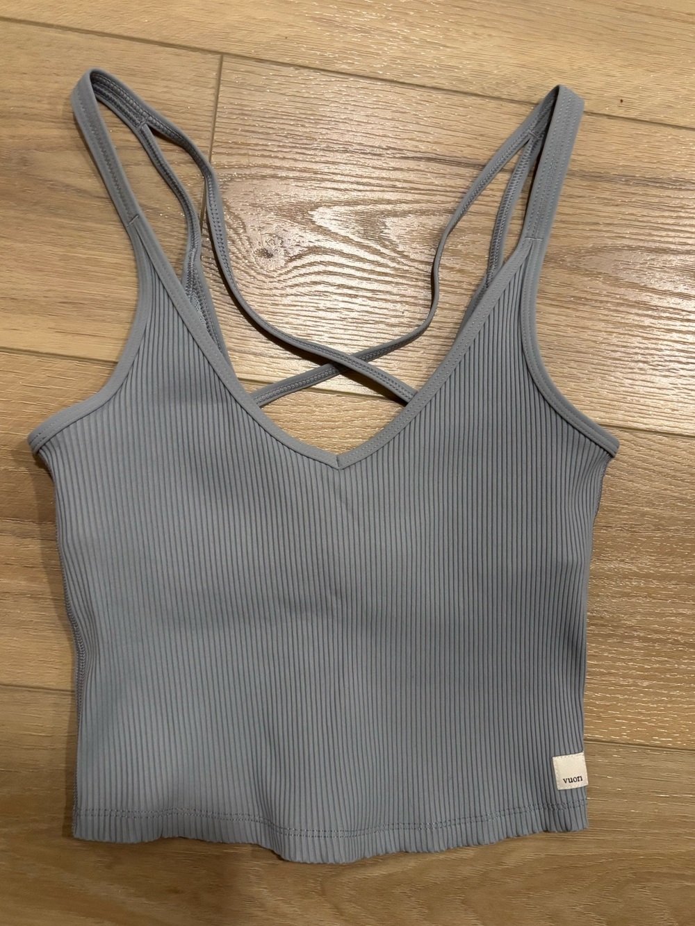 Vuori Ribbed V-Neck Crossback Tank Top — Light Blue Gray